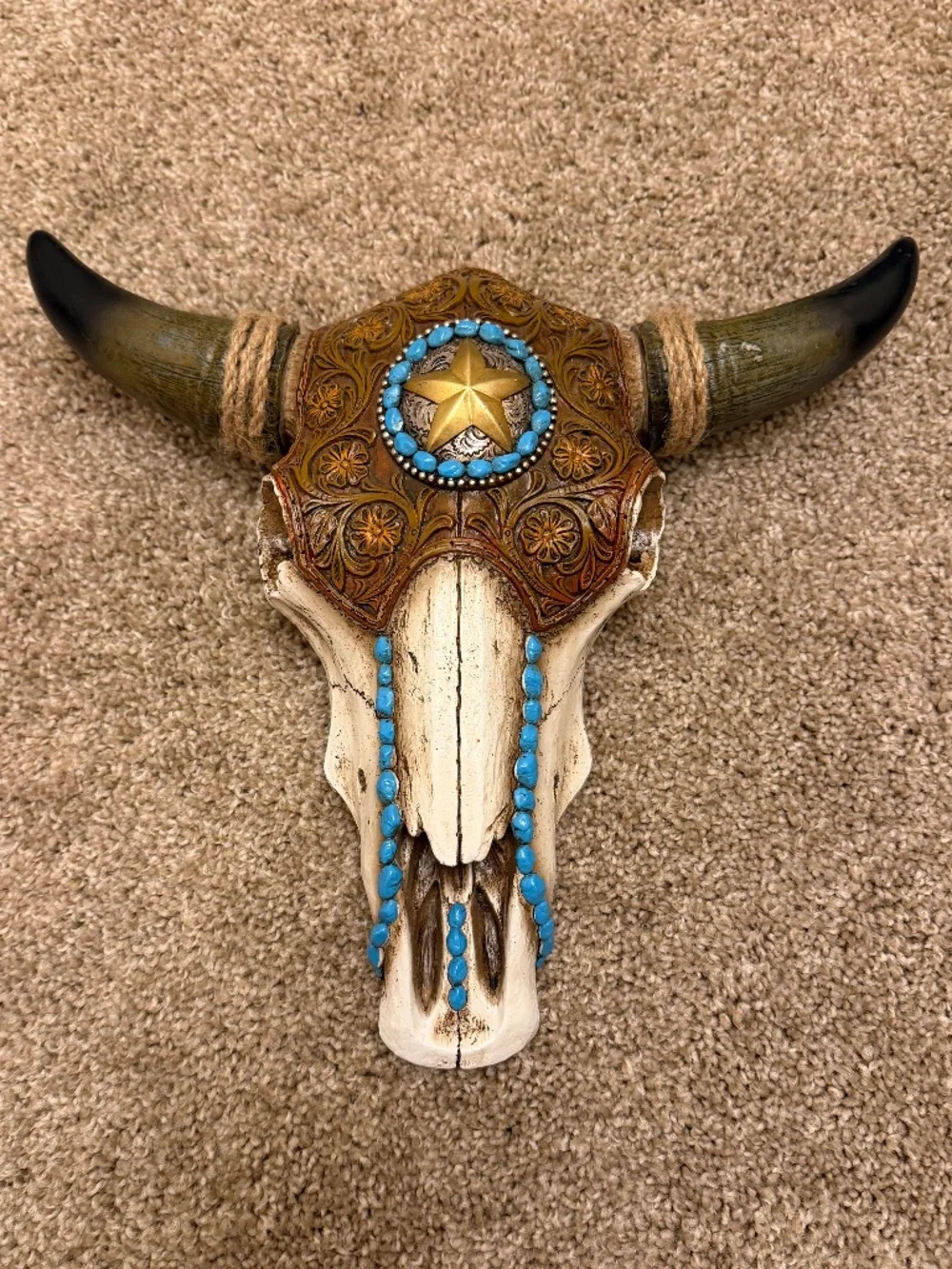 Resin cattle skull turquoise jeweled
